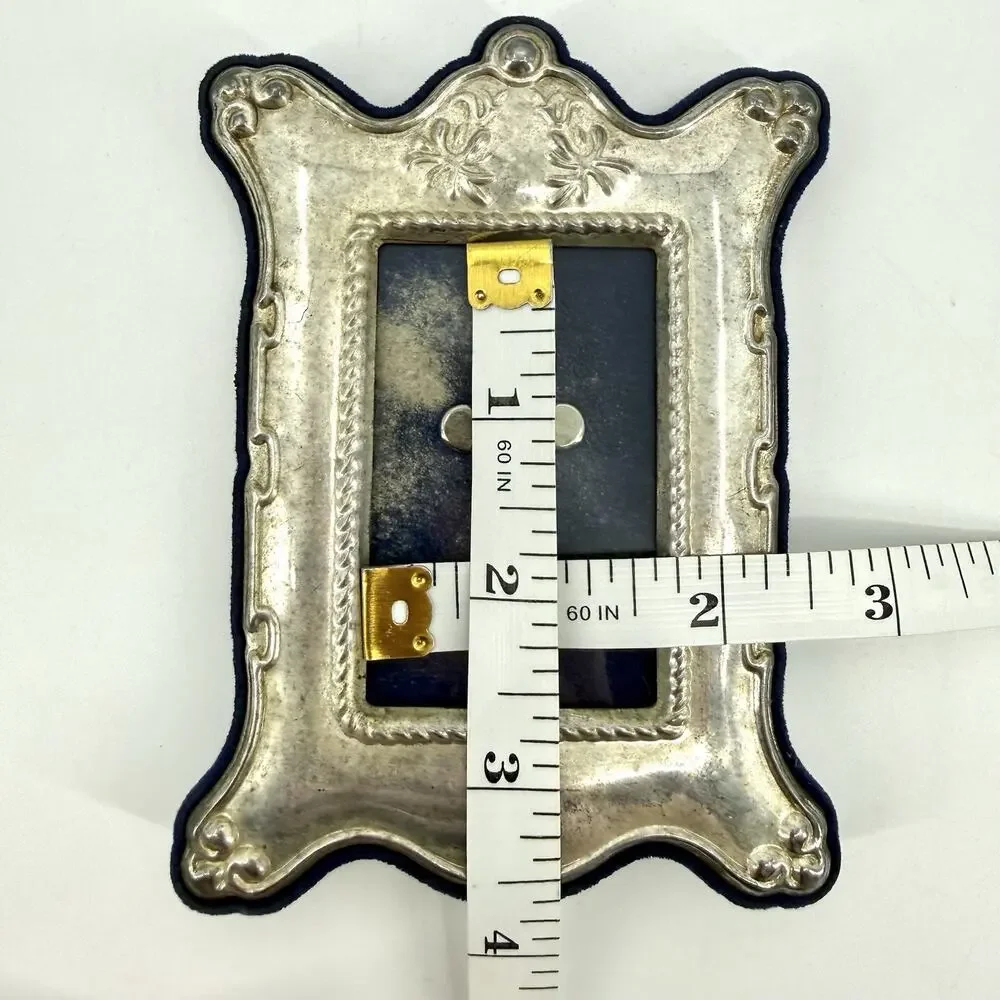 Small VTG Silver Plate Repousse Picture Frame Navy Velvet Scrolls 4.75” X 3.75”